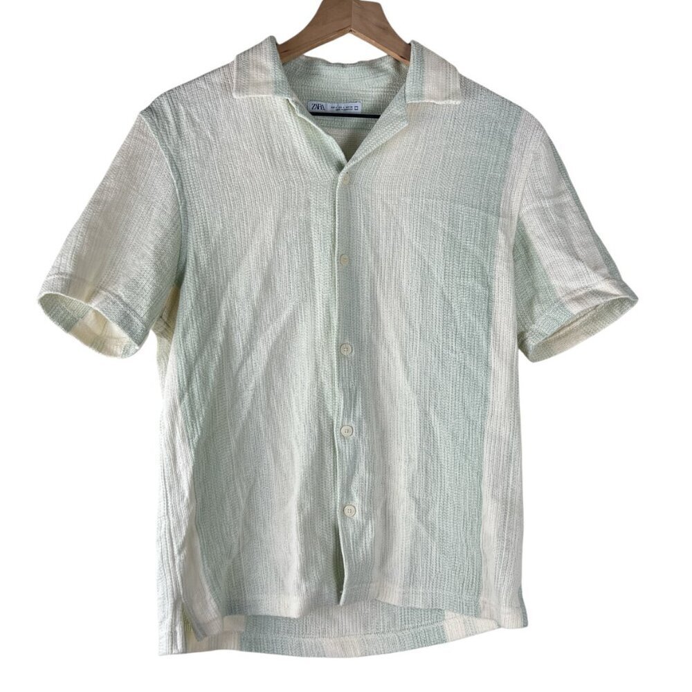 Zara Mens Ivory Mint Striped Camp Collar Knit Button Down Shirt